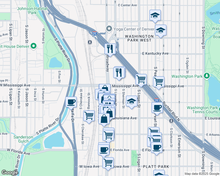 map of restaurants, bars, coffee shops, grocery stores, and more near 1125 South Lincoln Street in Denver