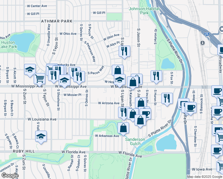 map of restaurants, bars, coffee shops, grocery stores, and more near 1330 West Mississippi Avenue in Denver