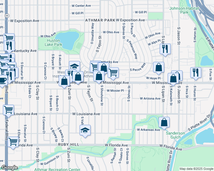 map of restaurants, bars, coffee shops, grocery stores, and more near 1148 South Shoshone Street in Denver