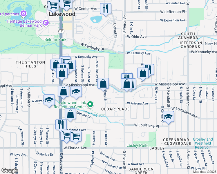 map of restaurants, bars, coffee shops, grocery stores, and more near 1120 South Reed Street in Lakewood