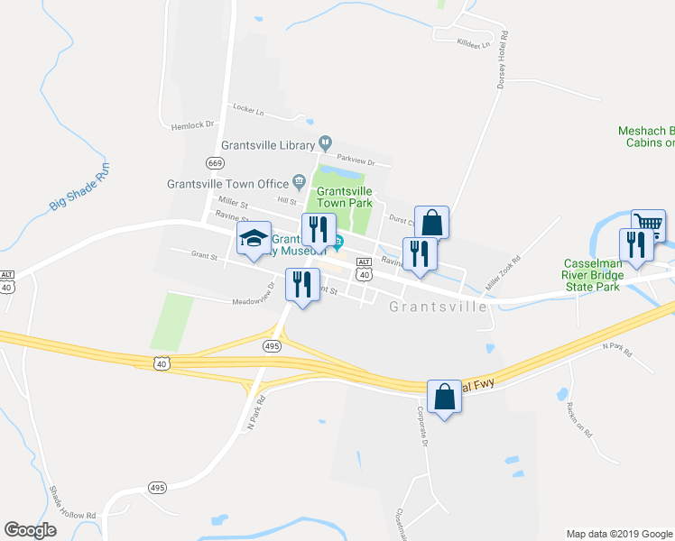 map of restaurants, bars, coffee shops, grocery stores, and more near 151 Grant Street in Grantsville