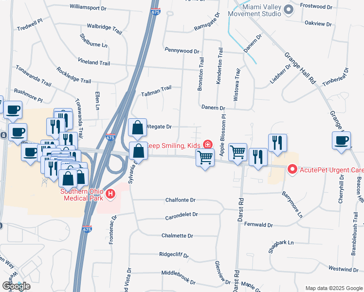 map of restaurants, bars, coffee shops, grocery stores, and more near 43 Aberdeen Village Drive in Beavercreek