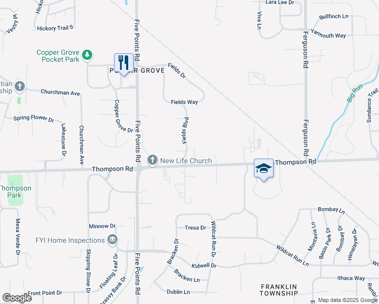 map of restaurants, bars, coffee shops, grocery stores, and more near 4929 Fields Boulevard in Indianapolis
