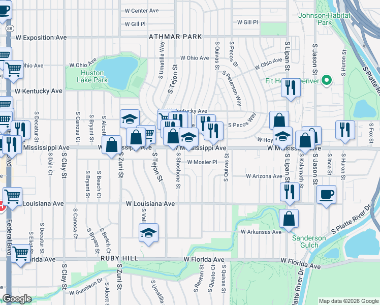map of restaurants, bars, coffee shops, grocery stores, and more near 1852 West Mississippi Avenue in Denver
