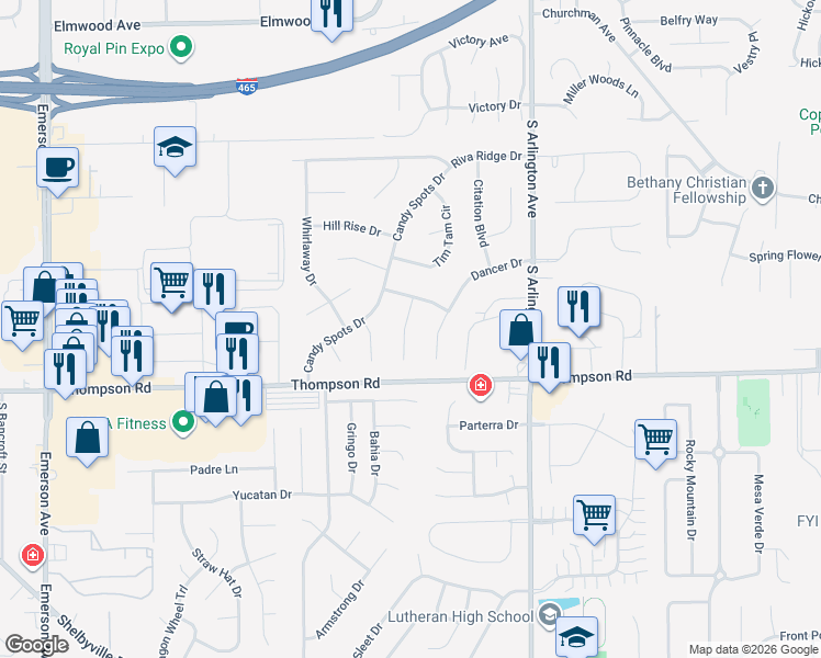 map of restaurants, bars, coffee shops, grocery stores, and more near 4917 Carry Back Lane in Indianapolis