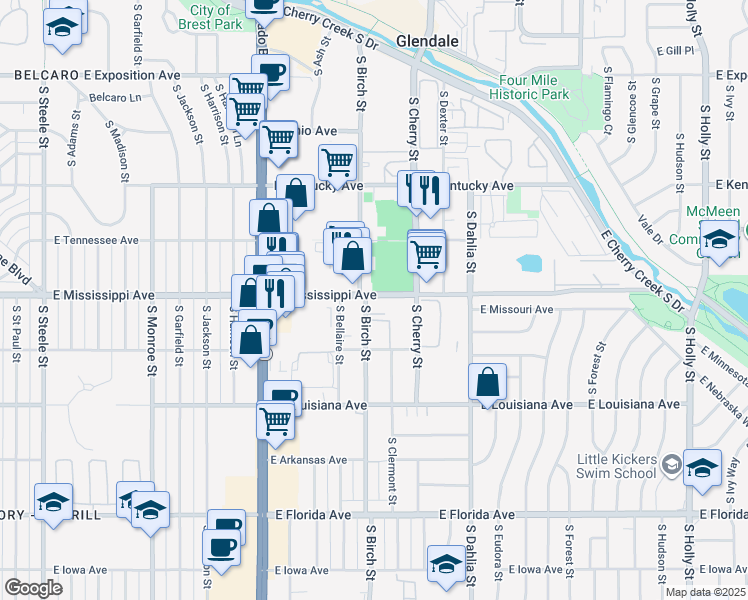 map of restaurants, bars, coffee shops, grocery stores, and more near 4400 East Mississippi Avenue in Denver