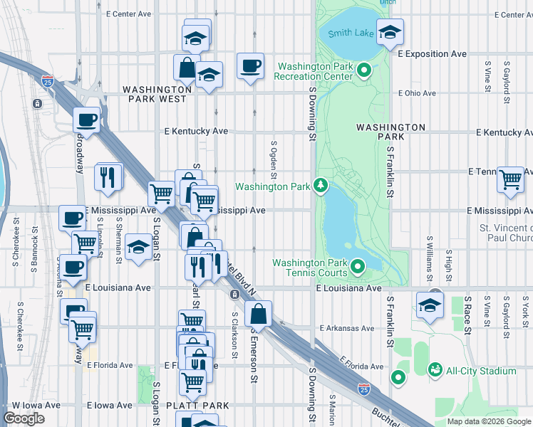 map of restaurants, bars, coffee shops, grocery stores, and more near 1127 South Ogden Street in Denver