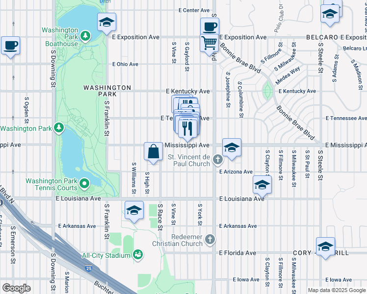 map of restaurants, bars, coffee shops, grocery stores, and more near 1101 South Gaylord Street in Denver