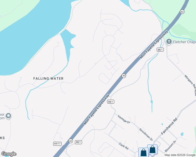 map of restaurants, bars, coffee shops, grocery stores, and more near 40 Falling Water Lane in Morgantown