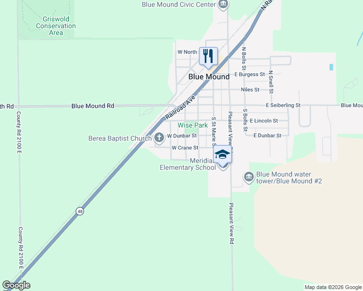 map of restaurants, bars, coffee shops, grocery stores, and more near 401-425 South Prairie Street in Blue Mound