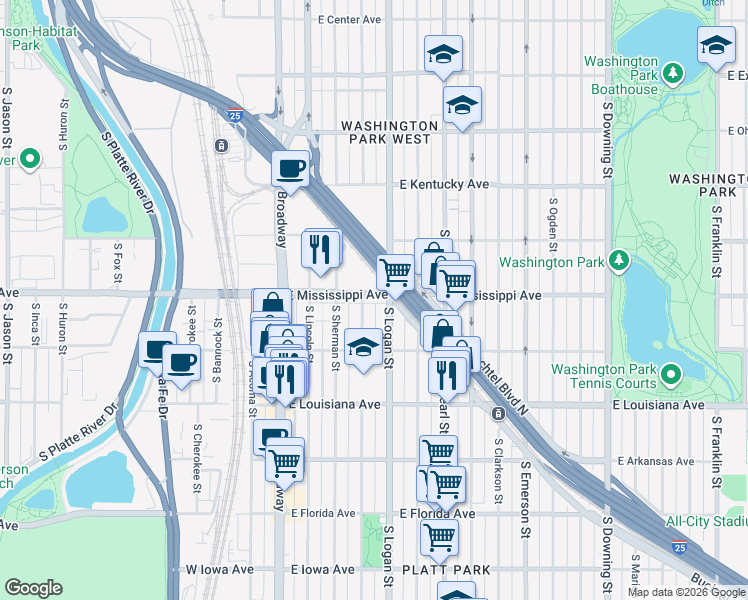 map of restaurants, bars, coffee shops, grocery stores, and more near 348 East Mississippi Avenue in Denver