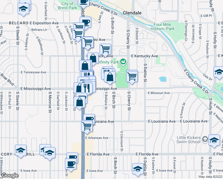 map of restaurants, bars, coffee shops, grocery stores, and more near 1110 South Bellaire Street in Glendale