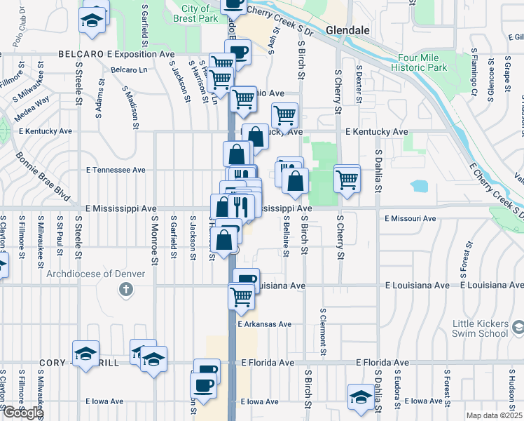 map of restaurants, bars, coffee shops, grocery stores, and more near 4100 East Mississippi Avenue in Denver