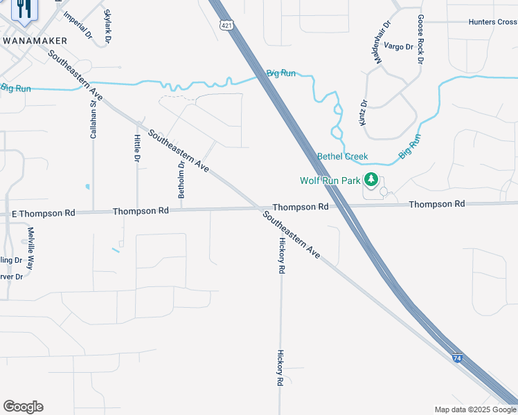 map of restaurants, bars, coffee shops, grocery stores, and more near 9700 East Thompson Road in Indianapolis