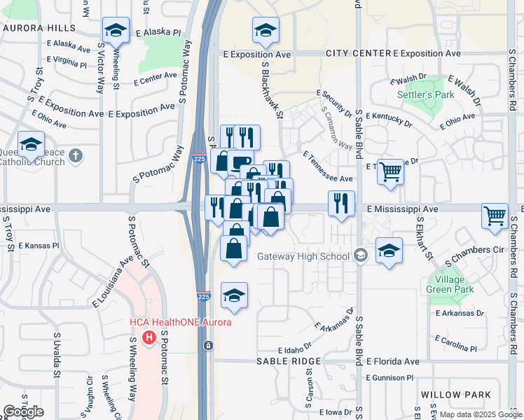 map of restaurants, bars, coffee shops, grocery stores, and more near in Aurora