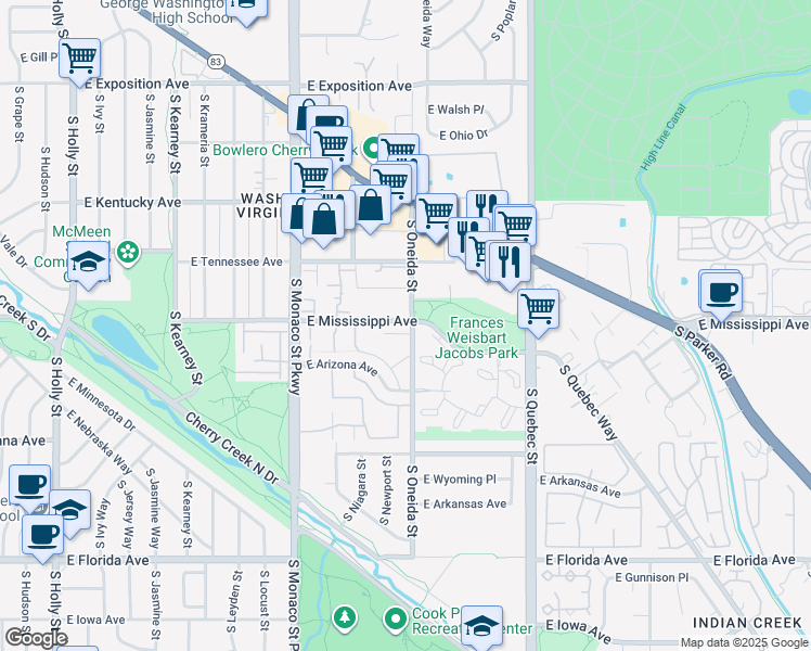map of restaurants, bars, coffee shops, grocery stores, and more near 6890 East Mississippi Avenue in Denver