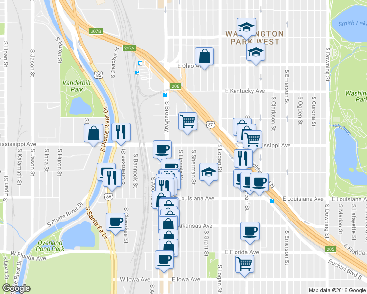 map of restaurants, bars, coffee shops, grocery stores, and more near 1125 South Lincoln Street in Denver