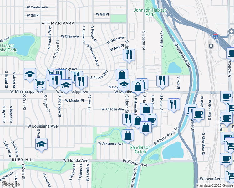 map of restaurants, bars, coffee shops, grocery stores, and more near 1330 West Mississippi Avenue in Denver