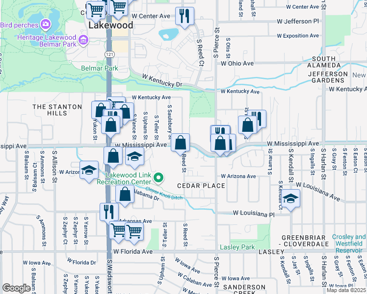 map of restaurants, bars, coffee shops, grocery stores, and more near 1120 South Reed Street in Lakewood