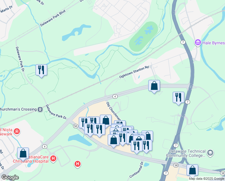 map of restaurants, bars, coffee shops, grocery stores, and more near in New Castle County
