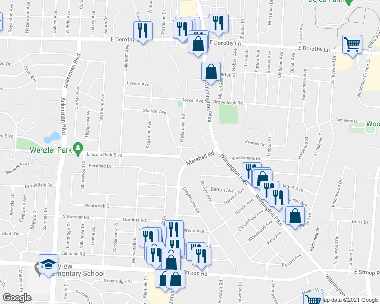 map of restaurants, bars, coffee shops, grocery stores, and more near 3435 Marshall Road in Dayton