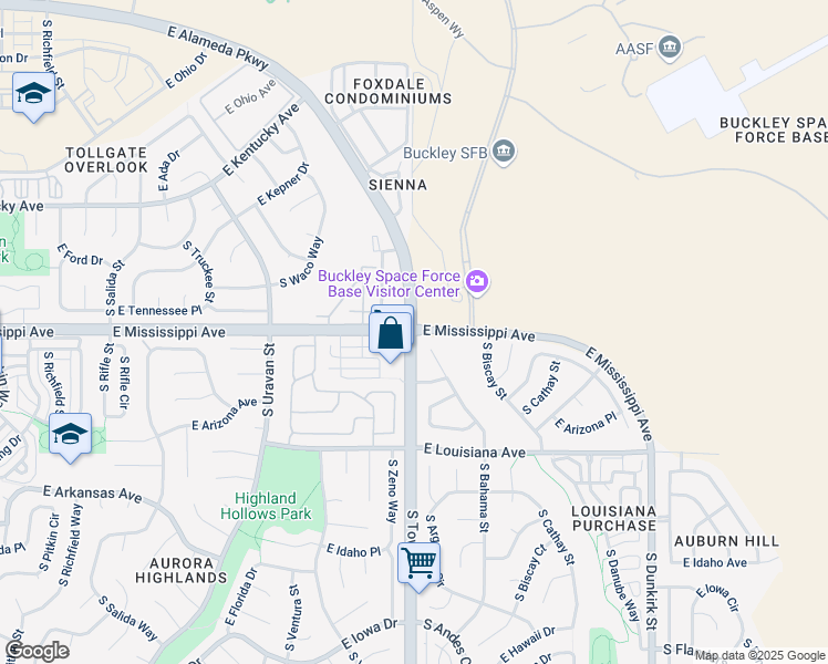 map of restaurants, bars, coffee shops, grocery stores, and more near Tower Rd & E Mississippi Ave in Aurora