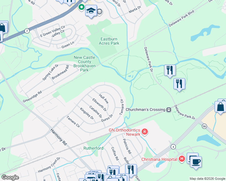 map of restaurants, bars, coffee shops, grocery stores, and more near 116 Durso Drive in Newark