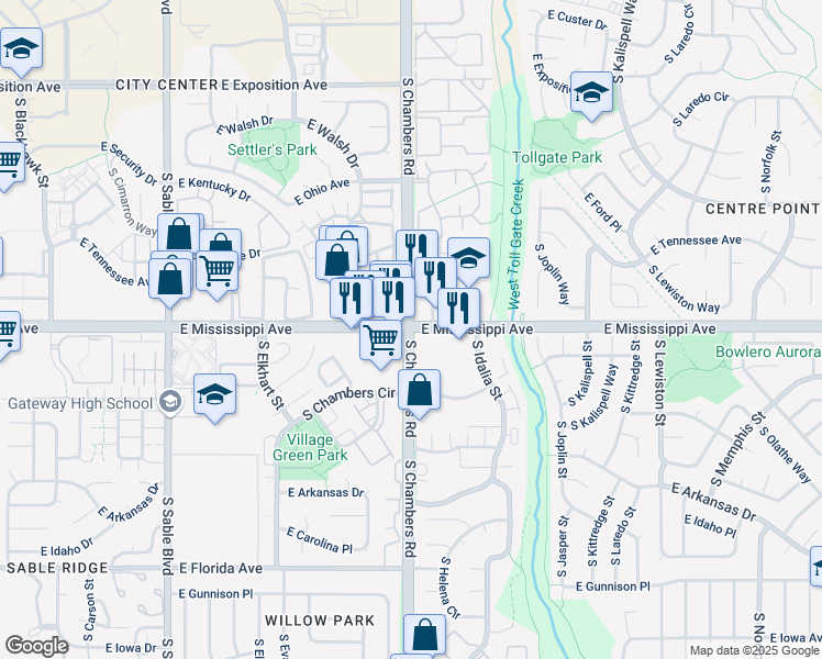 map of restaurants, bars, coffee shops, grocery stores, and more near in Aurora