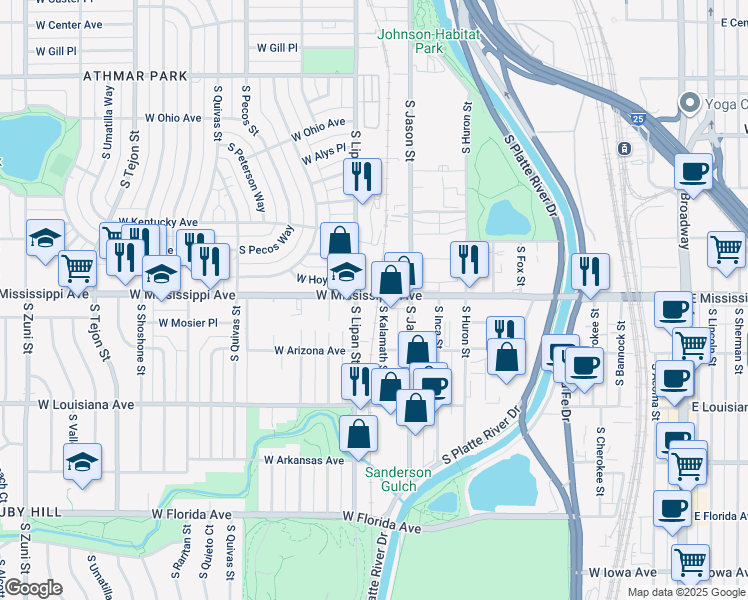 map of restaurants, bars, coffee shops, grocery stores, and more near West Mississippi Avenue in Denver