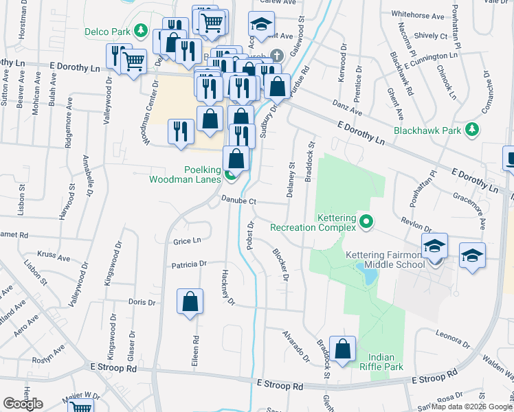 map of restaurants, bars, coffee shops, grocery stores, and more near 3330 Pobst Drive in Kettering