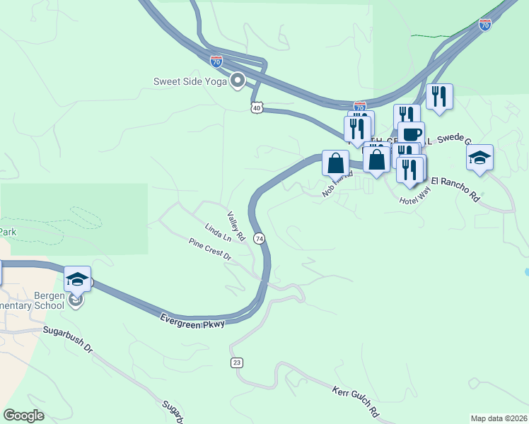 map of restaurants, bars, coffee shops, grocery stores, and more near 1007 Nob Hill Road in Evergreen
