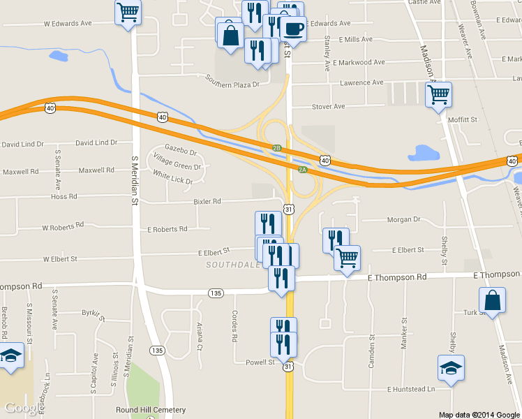 map of restaurants, bars, coffee shops, grocery stores, and more near 400 Bixler Rd in Indianapolis