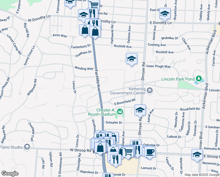 map of restaurants, bars, coffee shops, grocery stores, and more near 141 Lincoln Park Boulevard in Dayton