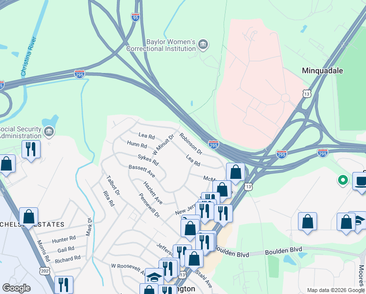map of restaurants, bars, coffee shops, grocery stores, and more near 33 Lea Road in Wilmington Manor
