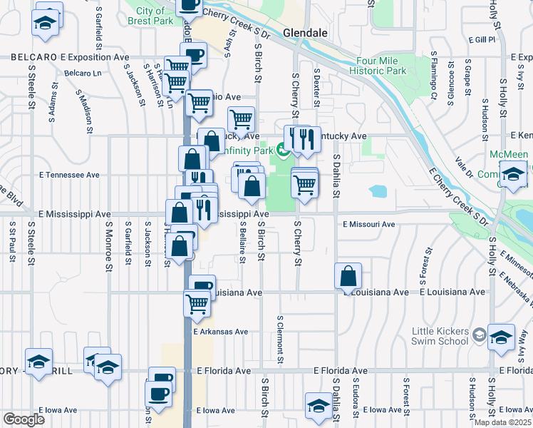 map of restaurants, bars, coffee shops, grocery stores, and more near 4400 East Mississippi Avenue in Denver