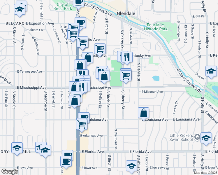 map of restaurants, bars, coffee shops, grocery stores, and more near 4400 East Mississippi Avenue in Denver