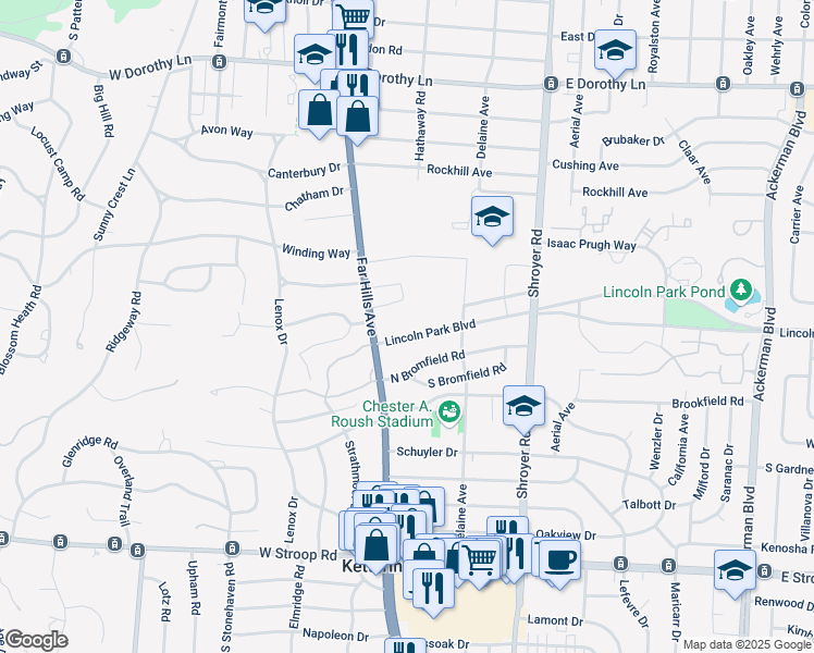 map of restaurants, bars, coffee shops, grocery stores, and more near 128 Lincoln Park Boulevard in Dayton