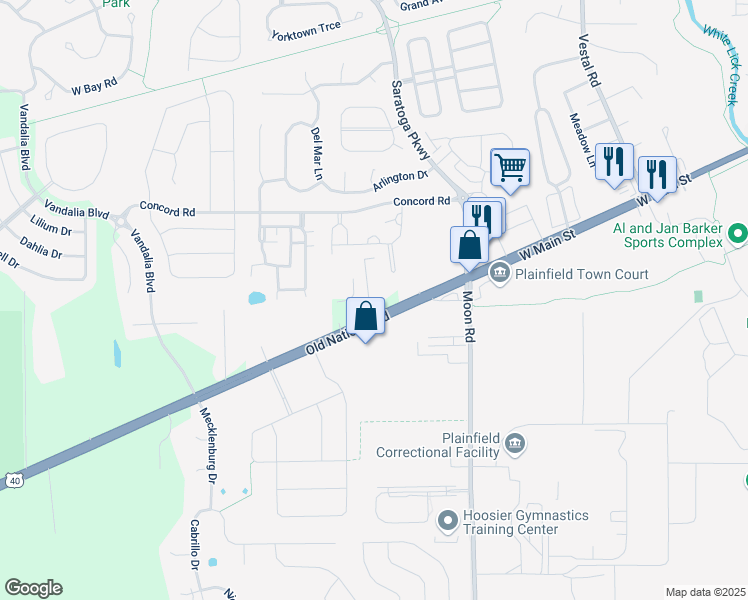 map of restaurants, bars, coffee shops, grocery stores, and more near 5812 Old National Road in Plainfield