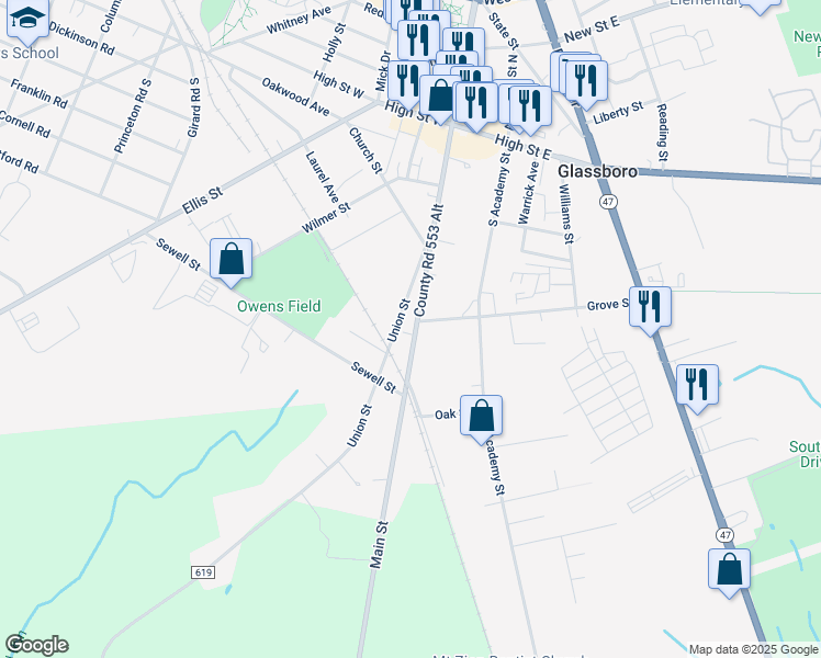 map of restaurants, bars, coffee shops, grocery stores, and more near 205 South Main Street in Glassboro