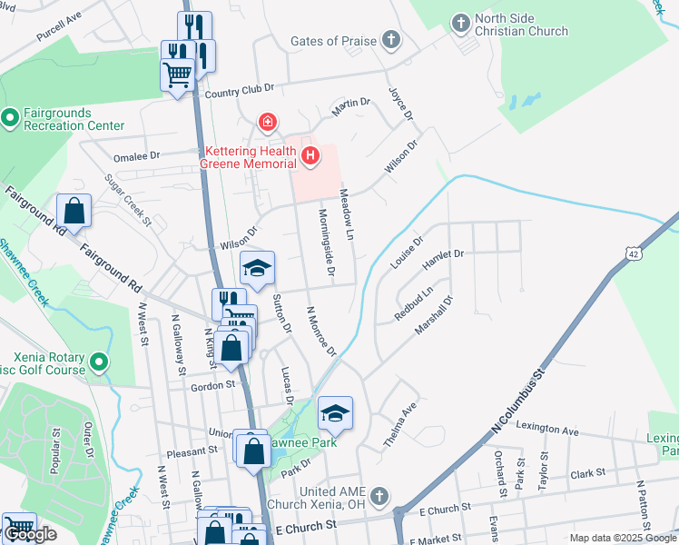 map of restaurants, bars, coffee shops, grocery stores, and more near 295 East Ankeney Mill Road in Xenia