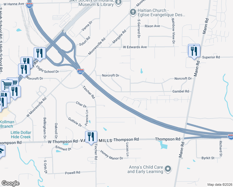 map of restaurants, bars, coffee shops, grocery stores, and more near 5349 Gambel Road in Indianapolis