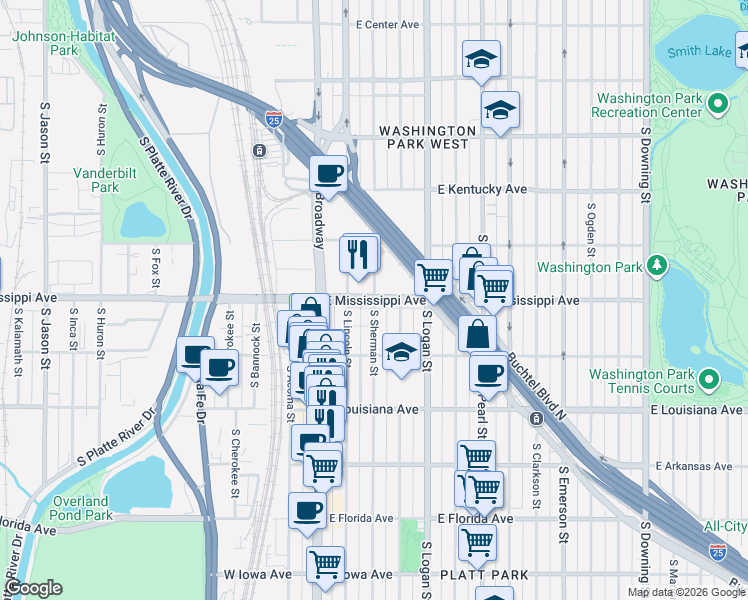 map of restaurants, bars, coffee shops, grocery stores, and more near 1124 South Sherman Street in Denver