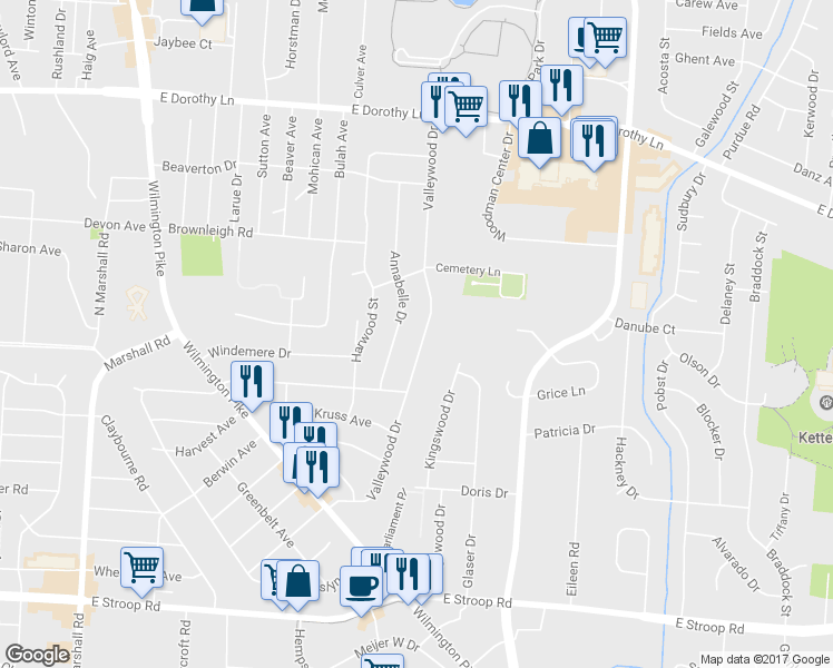 map of restaurants, bars, coffee shops, grocery stores, and more near 3441 Valleywood Drive in Dayton
