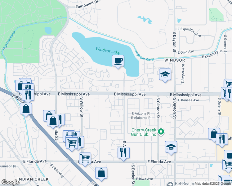 map of restaurants, bars, coffee shops, grocery stores, and more near 9071 East Mississippi Avenue in Denver