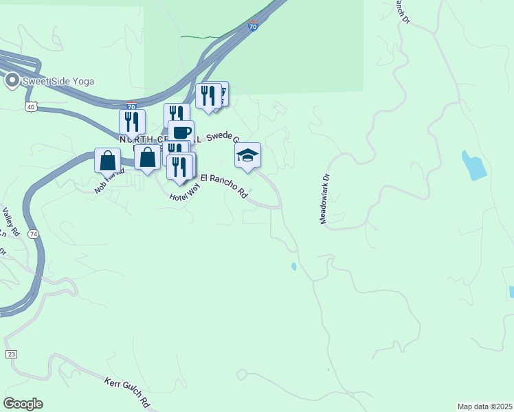 map of restaurants, bars, coffee shops, grocery stores, and more near 1055 El Rancho Road in Evergreen