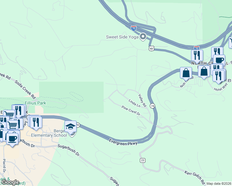 map of restaurants, bars, coffee shops, grocery stores, and more near 30343 Pine Crest Drive in Evergreen