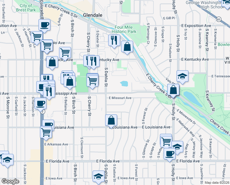 map of restaurants, bars, coffee shops, grocery stores, and more near 4820 East Missouri Avenue in Denver