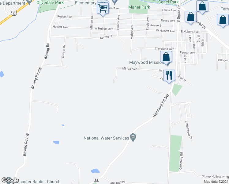 map of restaurants, bars, coffee shops, grocery stores, and more near 230 Hamburg Road Southwest in Lancaster
