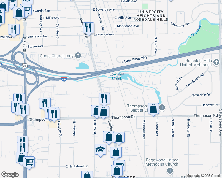 map of restaurants, bars, coffee shops, grocery stores, and more near 1250 Morgan Drive in Indianapolis
