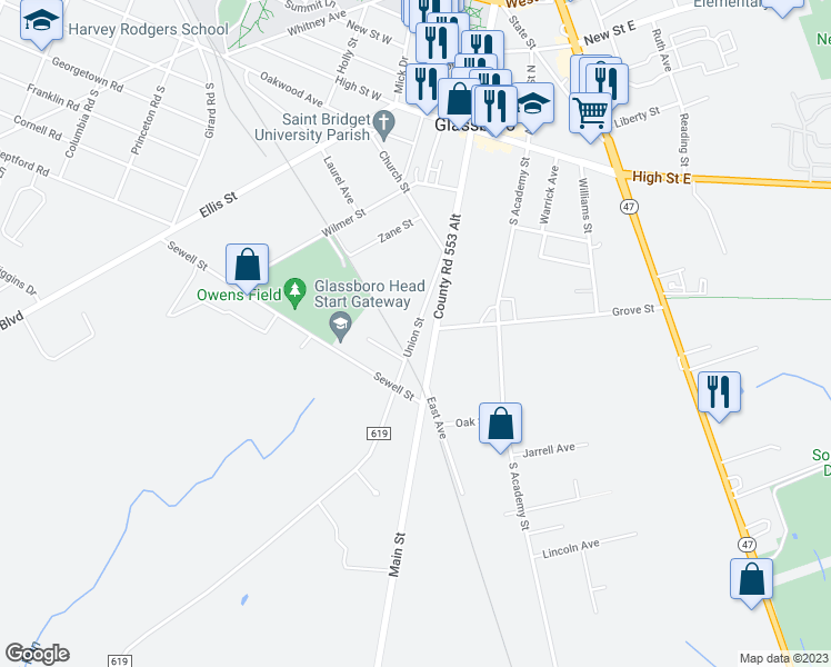 map of restaurants, bars, coffee shops, grocery stores, and more near 112 Union Street in Glassboro
